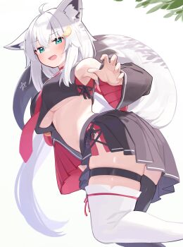1girl absurdres ahoge animal_ear_fluff animal_ear_piercing animal_ears aqua_eyes black_serafuku black_shirt black_skirt black_sleeves black_thighhighs blush breasts commentary_request cosplay cropped_shirt cross-laced_slit crossed_bangs deaver detached_sleeves double-parted_bangs fox_ears fox_girl fox_tail fusion hair_between_eyes hair_ornament hairclip highres hololive large_breasts long_hair looking_at_viewer low_ponytail midriff miniskirt mismatched_thighhighs necktie ookami_mio ookami_mio_(1st_costume) ookami_mio_(cosplay) pentagram pleated_skirt ponytail red_necktie school_uniform serafuku shirakami_fubuki shirt side_slit sidelocks simple_background skirt sleeveless sleeveless_shirt solo tabi tail thigh_strap thighhighs underboob underwear very_long_hair virtual_youtuber white_background white_hair white_thighhighs wide_sleeves
