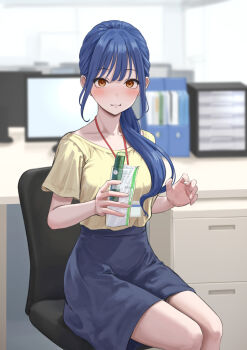 1girl blue_hair blue_skirt blush breasts brown_eyes cabinet chair closed_mouth collarbone computer cucumber desk eating file_cabinet food highres holding holding_food id_card indoors inoue_iori lanyard long_hair looking_at_viewer office office_lady on_chair original ponytail shirt short_sleeves sitting skirt solo yellow_shirt yukimaru_ai