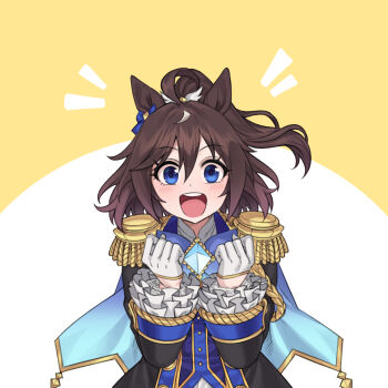 1girl :d absurdres ahoge black_coat blue_bow blue_eyes blush bow brown_hair coat commentary_request deep_impact_(racehorse) ear_bow ear_wiggle epaulettes fukuro_(maruaru00) gloves highres looking_at_viewer medium_hair open_mouth original ponytail smile solo textless_version umamusume upper_body white_gloves