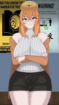 1girl absurdres big_breasts black_eyes breasts highres long_hair looking_at_viewer monster_girl scp-999 scp_foundation shorts slime slime_girl smile solo