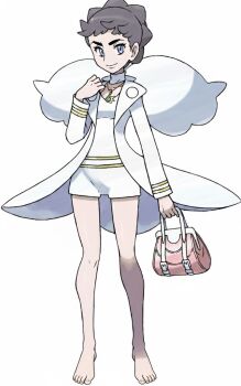 1girl ai-assisted bag bare_legs barefoot blue_eyes coat diantha_(pokemon) feet handbag mega_stone nintendo official_art pokemon pokemon_xy self-upload short_hair short_shorts shorts simple_background sugimori_ken third-party_edit toes white_background