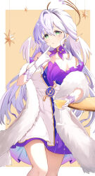 Rule 34 | 1girl, absurdres, aqua eyes, bare shoulders, breasts, cleavage, cup, detached collar, dress, earrings, finger to face, glass, gloves, hair between eyes, halo, highres, holding, holding cup, honkai: star rail, honkai (series), index finger raised, jewelry, long hair, looking up, natsuha (user nmtg3357), parted lips, purple dress, purple hair, robin (honkai: star rail), simple background, standing, two-tone background, two-tone dress, white dress, white gloves, white wings, wings