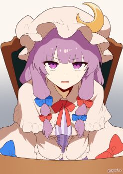 1girl absurdres blue_bow bow capelet commentary_request crescent crescent_hat_ornament dress hair_bow hat hat_ornament highres kapuri_(capuriwa) looking_at_viewer mob_cap multiple_hair_bows open_mouth patchouli_knowledge pink_capelet pink_dress pink_hat purple_eyes purple_hair red_bow sitting solo striped_clothes striped_dress sweatdrop touhou twitter_username vertical-striped_clothes vertical-striped_dress