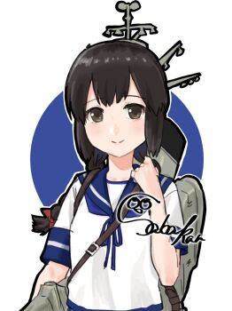 1girl blue_sailor_collar braid highres isonami_(kancolle) kantai_collection low_twintails machinery one-hour_drawing_challenge sabakanbasupisu sailor_collar sailor_shirt school_uniform serafuku shirt short_sleeves smile smokestack solo split_mouth twin_braids twintails upper_body white_shirt