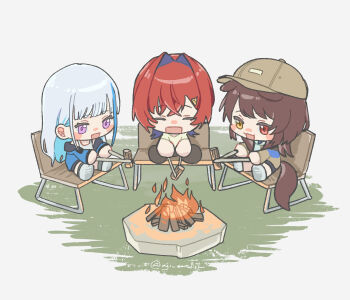 3girls :d aji_(eatfishfly) ange_katrina ange_katrina_(casual) animal_ears baseball_cap blue_hair blue_jacket blush_stickers brown_hair brown_hat brown_jacket brown_tail campfire chair chibi chibi_only closed_eyes colored_inner_hair crossed_bangs dog_ears dog_girl dog_tail ears_down fanged_bangs fire folding_chair grey_background hair_intakes hashtag-only_commentary hat hetero highres holding inui_toko inui_toko_(hoodie) jacket lize_helesta lize_helesta_(8th_costume) long_hair long_sleeves looking_ahead medium_hair multicolored_hair multiple_girls nijisanji on_chair open_mouth purple_eyes red_eyes red_hair sanbaka_(nijisanji) shirt simple_background sitting smile streaked_hair tail twitter_username two-tone_hair virtual_youtuber white_hair white_shirt yellow_eyes