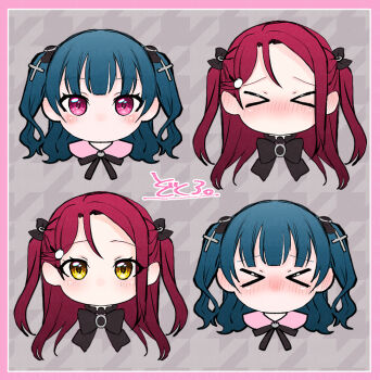 &gt;_&lt; 2girls black_bow black_bowtie blue_hair blunt_bangs blush border bow bowtie choppy_bangs commentary_request cross_hair_ornament embarrassed facing_viewer grey_background hair_ornament long_hair looking_at_viewer love_live! love_live!_sunshine!! multiple_girls multiple_views no_mouth nose_blush pink_border pink_eyes red_hair sakurauchi_riko tsushima_yoshiko two_side_up yellow_eyes zokuro_1018