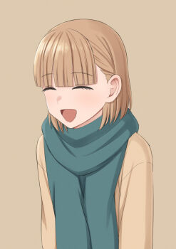 1girl :d blunt_bangs brown_background brown_hair commentary_request easy_(aqk7bdqt) facing_viewer itou_suzuka medium_hair open_mouth scarf simple_background smile solo sono_bisque_doll_wa_koi_wo_suru upper_body