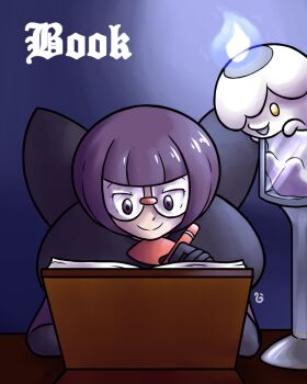 1girl cresselia92 fire gen_5_pokemon gloves holding holding_pen litwick nintendo pen pokemon pokemon_(creature) pokemon_bw purple_eyes purple_fire purple_gloves purple_hair round_eyewear shauntal_(pokemon) writing