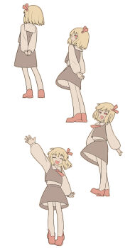 1girl :d ^_^ arms_behind_back ascot black_skirt black_vest blonde_hair closed_eyes facing_away facing_viewer flat_color grey_pantyhose grey_shirt hair_ribbon half-closed_eyes hashtag-only_commentary highres long_sleeves looking_at_viewer medium_hair multiple_views open_mouth outstretched_arm own_hands_together pantyhose profile progression red_ascot red_footwear red_ribbon ribbon rumia sequential shamo_(koumakantv) shirt shoes simple_background skirt smile standing touhou vest waving white_background