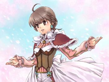 Rule 34 | 1girl, ahoge, back bow, baten kaitos, baten kaitos origins, blue gem, bodice, bow, breasts, brown eyes, brown hair, capelet, commentary request, earrings, gem, jewelry, long sleeves, medium breasts, milly (baten kaitos), parted lips, pink shirt, puffy long sleeves, puffy sleeves, red capelet, saikachi (ogre tree), shirt, short hair, solo, waist cape, white bow