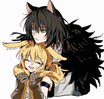 1boy 1girl animal_ears armband artoria_caster_(fate) artoria_caster_(first_ascension)_(fate) artoria_pendragon_(fate) black_hair blonde_hair blue_eyes cat_ears cloak closed_eyes fate/grand_order fate_(series) fur-trimmed_cloak fur_trim gloves grey_gloves hand_on_another&#039;s_head low_twintails oberon_(fate) oberon_(third_ascension)_(fate) open_mouth rabbit_ears shirt simple_background sleeveless sleeveless_shirt smile ss_un17 sweat twintails white_background white_shirt