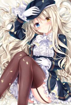 Rule 34 | 1girl, arm up, bed sheet, beret, black skirt, blue eyes, blush, brown hair, brown thighhighs, cropped jacket, female focus, frilled shirt, frilled skirt, frills, garter straps, gloves, hair spread out, hat, heterochromia, high-waist skirt, long hair, long sleeves, looking at viewer, luca (nogi takayoshi), lying, nogi takayoshi, on back, orange eyes, original, shirt, shirt tucked in, skirt, smile, solo, thighhighs, undershirt, very long hair, wavy hair, white gloves, white shirt