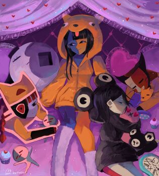 Rule 34 | 1boy, 2others, 5girls, animal hat, black hair, cat, cat girl, cat hat, character hood, clock, colored skin, cosplay, cupcake, ena: dream bbq, ena (dream bbq), ena (ena), ena (series), ena (species), ena (web series), food, froggy (ena), froggy (ena) (cosplay), happy ena, hat, highres, hourglass dog, hourglass dog (cosplay), in-franchise crossover, low poly, matching outfits, meanie ena, mezo (usagimarumei), moony (ena), multicolored skin, multiple girls, multiple others, pillow, sleeping, smile, split-color skin, surreal, taski maiden (ena), taski maiden companion, the persistence of memory, two-tone skin, usagimarumei, yellow hat, yellow skin