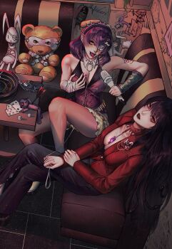 2girls absurdres animal_ear_hairband animal_ears arrow_(projectile) bandaged_hand bandages bandaid bandaid_on_arm black_hair black_lips black_pants bone_hair_ornament breasts card dice dog_ear_hairband dog_ears ear_piercing eyepatch face_piercing fake_animal_ears finger_piercing four_of_spades gun hair_ornament hairband hairclip hand_on_own_chest handgun heart highres holding holding_microphone ikishima_midari jabami_yumeko jacket kakegurui leash lip_piercing microphone miseqi multiple_girls orange_eyes pants piercing plankton_(spongebob) playing_card purple_hair purple_nails red_eyes red_jacket revolver roulette_table seven_of_diamonds sitting skirt spiked_hairband spikes spongebob_squarepants_(series) stuffed_animal stuffed_rabbit stuffed_toy table teddy_bear thumb_ring tongue tongue_out tongue_piercing weapon