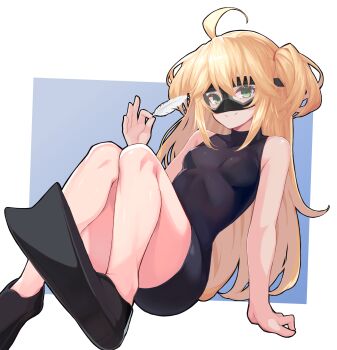 absurdres admiral_hipper_(azur_lane) ahoge azur_lane bare_shoulders black_one-piece_swimsuit blonde_hair breasts commentary_request feathers flippers goggles green_eyes highres idashige_(walkietalkie) long_hair looking_at_another one-piece_swimsuit sitting small_breasts smile swim_goggles swimsuit twintails very_long_hair