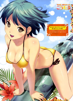 1girl absurdres bare_legs bare_shoulders barefoot bikini blush body_blush breasts brown_eyes cleavage collarbone covered_erect_nipples female_focus flower green_hair highres koutaro original ramune short_hair side-tie_bikini_bottom smile solo straddling swimsuit yellow_bikini