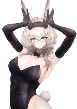 1girl absurdres alternate_costume animal_ears arknights arknights:_endfield armpits arms_up avywenna_(arknights) black_bow black_bowtie black_gloves black_hairband black_leotard blue_eyes bow bowtie breasts cleavage collar cowboy_shot detached_collar diamond-shaped_pupils diamond_(shape) elbow_gloves gloves grey_hair grey_tail groin hair_between_eyes hairband highres large_breasts leotard light_blush light_smile looking_at_viewer mariko_y7 medium_hair playboy_bunny rabbit_ears rabbit_pose rabbit_tail sideboob simple_background solo symbol-shaped_pupils tail white_background white_collar