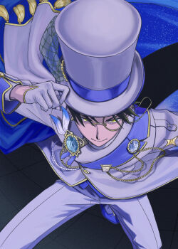 adjusting_clothes adjusting_headwear arm_up arsene_(ensemble_stars!) beads black_background chain closed_mouth ensemble_stars! glasses gloves green_eyes green_hair hasumi_keito hat highres kameru_(kamereon_t) long_sleeves pants simple_background top_hat white_gloves white_hat white_pants