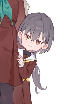 Rule 34 | 2girls, :i, absurdres, aged down, aqua neckerchief, black pantyhose, blush, brown dress, ceras yanagida lilienfeld, commentary request, covered collarbone, dress, grey hair, hair between eyes, hasu no sora school uniform, head out of frame, hiding, hiding behind another, highres, jellyfish cut, katsuragi izumi, link! like! love live!, long hair, long sleeves, looking at viewer, love live!, multiple girls, neckerchief, orange eyes, pantyhose, pout, sailor collar, sailor dress, school uniform, slit pupils, solo focus, split mouth, sunkeun, turtleneck, v-shaped eyebrows, virtual youtuber, white sailor collar, winter uniform, yellow neckerchief