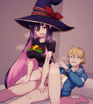 1boy 1girl absurdres ass_smack black_shirt blonde_hair blue_jacket breasts commission commissioner_upload covered_erect_nipples glasses hat highres jacket lamb-oic029 large_breasts mighty_morphin_power_rangers multicolored_hair pink_hair power_rangers purple_hair reverse_cowgirl_position sentai_red_ga_isekai_de_boukensha_ni_naru shirt skeb_commission smile straddling two-tone_hair white_shirt william_cranston witch_hat yihdra_arvoln