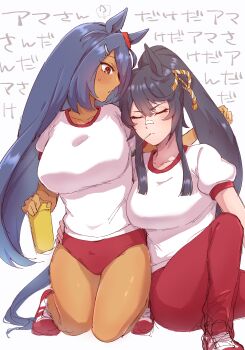 2girls ? animal_ears arm_around_back arm_around_neck bandaid bandaid_on_face bandaid_on_nose bare_legs black_hair blush breasts buruma closed_eyes closed_mouth dark-skinned_female dark_skin ear_scrunchie gym_shirt gym_uniform hair_between_eyes hair_ornament hairclip hand_on_another&#039;s_hip hand_up high_ponytail highres hishi_amazon_(umamusume) horse_ears horse_girl horse_tail implied_yuri kneeling long_hair looking_at_another mouth_hold multiple_girls narita_brian_(umamusume) nisumi_k pants ponytail red_buruma red_pants rope scrunchie shimenawa shirt shoes short_sleeves side-by-side sitting sketch spoken_question_mark stalk_in_mouth sweat tail taut_clothes taut_shirt track_pants umamusume very_long_hair white_shirt yuri