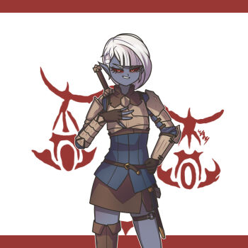 Rule 34 | 1girl, armor, colored skin, dunmer, elf, grey skin, highres, looking at viewer, lygry, pointy ears, red eyes, short hair, solo, the elder scrolls, white hair