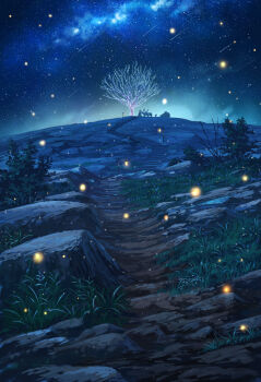 1boy absurdres bare_tree christmas_lights commentary_request fireflies grass highres lamppost milky_way night original path pei_(sumurai) reindeer road santa_claus shooting_star sky sleigh solo stairs star_(sky) starry_sky tree very_wide_shot