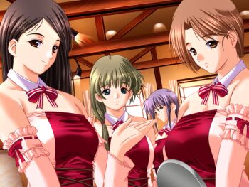 4girls bare_shoulders blue_hair braid breasts brown_eyes brown_hair dress fuwa_ryouka game_cg green_eyes green_hair hitozuma_cosplay_kissa holding holding_tray large_breasts m&amp;m_(mickey_and_mackey) mashita_kanae mole multiple_girls onose_akiho red_dress sakaki_seia smile tray waitress