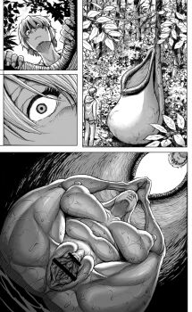 1boy 1girl bar_censor breasts censored comic completely_nude day double_deck feet_together highres hood hoodie huge_breasts jungle legs_up monochrome monster_girl nature nipples nude original outdoors pants pitcher_plant plant plump pointless_censoring pussy short_hair wet