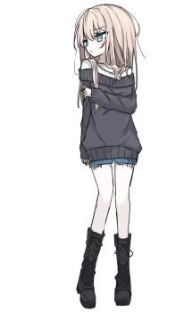 Rule 34 | 1girl, absurdres, black boots, blonde hair, blue eyes, boots, breasts, collarbone, denim, denim shorts, grey sweater, hair between eyes, hand on own arm, highres, knees together feet apart, long hair, looking to the side, off-shoulder sweater, off shoulder, original, ribbon, shiren (utumu), shirt, shorts, slim legs, small breasts, solo, sweater, thick eyelashes, thighs, torn clothes, torn shorts, white background, white shirt