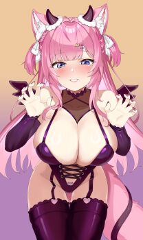 1girl absurdres animal_ear_fluff animal_ears black_leotard black_nails black_sleeves black_thighhighs black_wings blunt_bangs blush braid breasts claw_pose cleavage commentary_request cross-laced_clothes cross-laced_leotard demon_horns demon_tail fang garter_straps gradient_background grin hair_ornament hair_ribbon hairclip hakui_koyori hands_up highleg highleg_leotard highres hololive horns kokoro_(hakui_koyori) large_breasts leaning_forward leotard long_hair looking_at_viewer mini_wings multiple_tails nail_polish parallel_hairclips pink_hair pink_tail purple_eyes ribbon side_braid sidelocks simple_background skin_fang smile solo tail thigh_gap thighhighs two_side_up very_long_hair virtual_youtuber white_ribbon wings wolf_ears wolf_girl wolf_tail yumemori_jabara