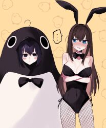 Rule 34 | ..., 2girls, 710 ao, animal costume, animal ears, aozaki aoko, bare shoulders, black bow, black bowtie, black eyes, black hair, black leotard, blue eyes, blush, blush stickers, bow, bowtie, breasts, brown hair, cleavage, collarbone, covered navel, crossed arms, detached collar, fake animal ears, fishnet pantyhose, fishnets, hair between eyes, highres, kuonji alice, large breasts, leotard, looking at another, mahou tsukai no yoru, multiple girls, official alternate costume, pantyhose, penguin costume, playboy bunny, rabbit ears, short hair, simple background, strapless, strapless leotard, sweatdrop, yellow background