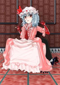 2girls arm_support bdsm blue_gloves blue_hair blue_thighhighs blush bondage_outfit bow elbow_gloves gloves hat hat_bow high_heels holding holding_riding_crop izayoi_sakuya kams latex latex_gloves latex_thighhighs lips maid mob_cap multiple_girls nose_blush red_bow red_eyes red_shoes remilia_scarlet riding_crop shoes short_hair sitting sitting_on_person smile thighhighs touhou