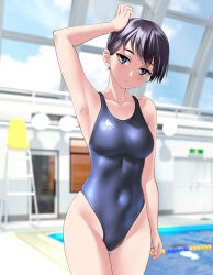 Rule 34 | 1girl, absurdres, armpits, black hair, black one-piece swimsuit, breasts, collarbone, commentary request, competition swimsuit, covered navel, cowboy shot, door, grey eyes, groin, hand on own head, highleg, highleg swimsuit, highres, indoors, lifeguard chair, medium breasts, one-piece swimsuit, original, pool, presenting armpit, short hair, solo, swimsuit, takafumi, thigh gap