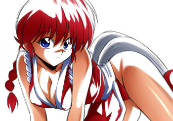Rule 34 | 1girl, arm support, artist request, ass, blue eyes, braid, breasts, cleavage, cosplay, cowboy shot, large breasts, leotard, leotard under clothes, long hair, ponytail, ranma-chan, ranma 1/2, red hair, shiranui mai, shiranui mai (cosplay), simple background, single braid, solo, white background, wide hips