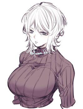 09wave_hb 1girl blue_eyes breasts brown_sweater closed_mouth faust_(project_moon) highres large_breasts limbus_company long_sleeves looking_at_viewer project_moon ribbed_sweater short_hair simple_background solo sweater upper_body watermark white_background white_hair