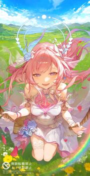 00suger001 1girl absurdres bare_shoulders blue_sky breasts commentary cyrene_(honkai:_star_rail) cyrene_(ripples_of_past_reverie)_(honkai:_star_rail) dress earrings flower grass hair_flower hair_ornament halo highres honkai:_star_rail honkai_(series) jewelry long_hair looking_at_viewer medium_breasts multicolored_hair open_mouth outdoors pink_hair pointy_ears purple_hair sky smile solo symbol-only_commentary two-tone_hair very_long_hair white_dress white_hair