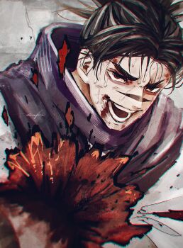 Rule 34 | 1boy, 28cg, absurdres, black hair, blood, blood splatter, choso (jujutsu kaisen), facial tattoo, grey background, highres, jujutsu kaisen, looking at viewer, male focus, open mouth, purple robe, robe, short hair, smile, solo, sweatdrop, tattoo, teeth, tongue, v-shaped eyebrows