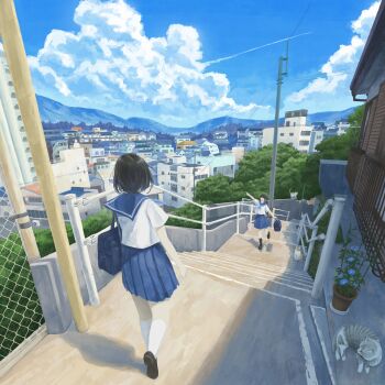 2girls bag black_footwear black_hair blue_neckerchief blue_sailor_collar blue_skirt blue_sky building cat chain-link_fence day fence gensuke_(ryun) highres house kneehighs mountain multiple_girls neckerchief original outdoors outstretched_arm plant pleated_skirt potted_plant power_lines railing sailor_collar scenery school_bag school_uniform serafuku short_hair skirt sky socks stairs urban utility_pole walking