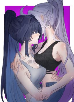 2girls absurdres ahoge alternate_costume breasts cleavage colored_inner_hair commentary_request from_side grabbing_another's_arm gradient_hair high_ponytail highres honkai_(series) honkai_impact_3rd kiana_kaslana kiana_kaslana_(herrscher_of_finality) long_hair medium_breasts midriff_peek moonsun77773 multicolored_hair multiple_girls ponytail purple_eyes purple_hair raiden_mei raiden_mei_(herrscher_of_origin) sweatdrop tank_top torso_grab very_long_hair watermark white_hair yuri