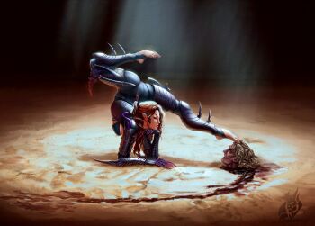 1girl acrobatics armored_bodysuit breasts commentary contortion dark_eldar english_commentary flexible gluteal_fold highres inkary long_hair looking_at_object looking_to_the_side original pointy_ears severed_head sideboob solo spotlight warhammer_40k