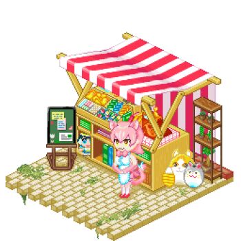 Rule 34 | 1girl, animal costume, animal ear fluff, animal ears, daisantw, gloves, kemono friends, kemono friends 3, neck ribbon, peach panther (kemono friends), pink hair, pixel art, ribbon, shirt, shop, short hair, simple background, skirt, smile, solo, standing, tail, yellow eyes