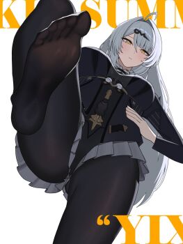 1girl ahoge black_jacket black_pantyhose bodystocking breasts commentary english_commentary feet foot_focus grey_hair hair_ornament hairclip highres jacket large_breasts long_hair long_sleeves looking_at_viewer official_alternate_costume oro_(lsg0624) pantyhose see-through_clothes see-through_legwear single_hair_intake skirt solo toes white_hair yellow_eyes yixuan_(trails_of_ink)_(zenless_zone_zero) yixuan_(zenless_zone_zero) zenless_zone_zero