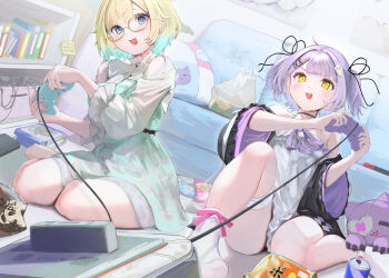 2girls absurdres aizawa_ema aizawa_ema_(3rd_costume) barefoot black_choker black_jacket black_ribbon blonde_hair blue_dress blue_eyes blue_hair book bookshelf breasts choker collared_dress controller couch dress frilled_socks frills game_controller ghost_hair_ornament glasses gradient_hair hair_ornament hair_ribbon highres holding holding_controller holding_game_controller indoors jacket knee_up kobakoba0_0 living_room long_sleeves medium_breasts multicolored_hair multiple_girls no_shoes off_shoulder official_alternate_costume on_floor open_mouth parted_bangs pillow pink_ribbon playing_games print_pillow purple_hair purple_ribbon ribbon shinomiya_runa shinomiya_runa_(1st_costume) short_hair sitting sleeveless sleeveless_dress three-quarter_sleeves sleeves_rolled_up small_breasts smile socks straight_hair stuffed_animal stuffed_cat stuffed_toy thigh_strap two-tone_hair two_side_up virtual_youtuber vspo! white_dress white_socks x_hair_ornament yellow_eyes yokozuwari