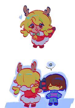 1girl 1other :o absurdres antlers bell blonde_hair blue_pants blue_sweater box brown_eyes brown_hair colored_skin commentary deer_antlers deer_girl double_horizontal_stripe dress english_commentary erynecad frisk_(undertale) fur-trimmed_dress fur_trim furry furry_female gift gift_box highres holding holding_gift horns low_twintails neck_bell noelle_holiday open_mouth pants red_dress short_hair smile spoken_expression striped_clothes striped_sweater sweater twintails undertale utdr_(toby_fox) yellow_skin