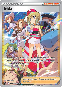 3boys 3girls adjusting_clothes adjusting_headwear arm_behind_back artist_name bandana bare_shoulders black_hat blonde_hair blue_eyes blue_hair blue_sky bracelet brown_hair calaba_(pokemon) card_(medium) character_name clenched_hand closed_mouth cloud company_name copyright_name copyright_notice day dress english_text eyelashes gaeric_(pokemon) gloves goggles goggles_around_neck hairband hat holding holding_pickaxe holding_strap ingo_(pokemon) irida_(pokemon) jewelry lian_(pokemon) long_sleeves midair multiple_boys multiple_girls nintendo official_art old old_woman open_mouth outdoors palina_(pokemon) pearl_clan_outfit pickaxe pokemon pokemon_card pokemon_legends:_arceus pokemon_tcg red_hairband saitou_naoki sash short_hair shorts sky standing third-party_source topless_male trading_card v-shaped_eyebrows white_dress white_gloves white_hat white_sash white_shorts