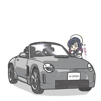 1girl :3 blue_sailor_collar car daihatsu daihatsu_k-open ferret-san green_eyes hat highres kantai_collection matsuwa_(kancolle) motor_vehicle negative_space purple_hair sailor_collar sailor_hat sailor_shirt school_uniform serafuku shirt simple_background smile solo white_background white_hat white_shirt