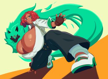 1girl absurdres blue_eyes breasts bursting_breasts cleavage dark-skinned_female dark_skin facial_mark female_focus fingerless_gloves forehead_mark full_body gigantic_breasts giovanna_(guilty_gear) gloves guilty_gear guilty_gear_strive high_heels highres looking_at_viewer red_hair rodgewp short_hair skindentation solo wolf
