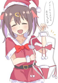 1girl :d bare_arms belt bikini black_belt black_hair blush bow bowtie capelet closed_eyes clothes_hanger commentary_request cowboy_shot dot_nose food-themed_hat front-tie_bikini_top front-tie_top fur-trimmed_capelet fur_trim hair_between_eyes hair_ornament hair_ribbon hairclip hat highres holding holding_swimsuit holding_unworn_clothes long_hair looking_at_viewer multicolored_hair onii-chan_wa_oshimai! open_mouth oyama_mihari pom_pom_(clothes) purple_hair red_bow red_bowtie red_capelet red_hat red_ribbon riannn_desu ribbon santa_bikini santa_costume santa_hat side-tie_bikini_bottom simple_background smile solo swimsuit twintails two-tone_hair unworn_swimsuit white_background