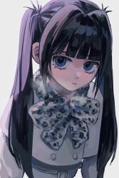 Rule 34 | 1girl, :&lt;, animal print, arms at sides, black hair, blue eyes, blunt bangs, bow, bowtie, buttons, closed mouth, coat, dot nose, grey bow, grey bowtie, grey coat, hair intakes, highres, inu dakisime, leaning forward, leopard print, long hair, long sleeves, looking at viewer, original, sidelocks, simple background, solo, twintails, upper body, very long hair, white background